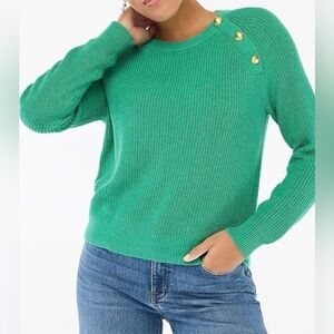 J.Crew Women's Raglan Crewneck Sweater w/ Gold Buttons in Kelly Green Sz.Medium